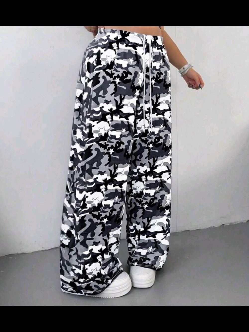 Wide Leg Camouflage Star Drawstring Pants - Gray Camo